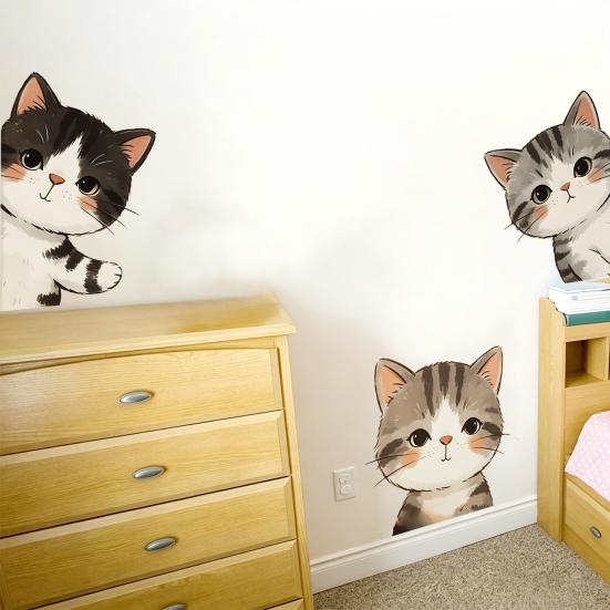 3 Pcs Peeking Cat Peeking Out Wall Sticker Cartoon Cats Decal Removable Peel