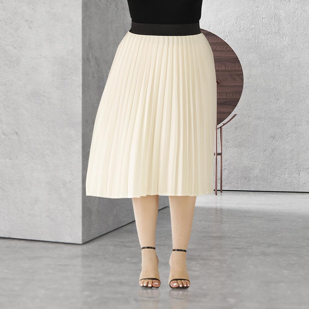 Plus Size Women Spring Autumn Solid Color High Waist Pleated Mediumn Long Skirt L-4Xl