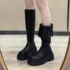Две модели носят ретро-ботфорты, но сапоги до колена 2024 года, осенние женские сапоги на толстой подошве с круглым носком и толстым каблуком, с отворотом, рыцарские сапоги
