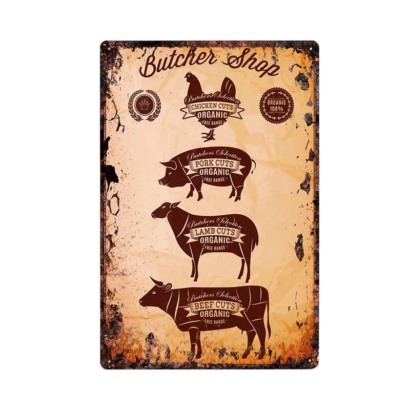 Butcher Shop Vintage Metal Sign Kitchen Poster Beef Pig Duck Meat Cuts Collection Guide Retro Wall Plaque Painting Craft 20x30cm
