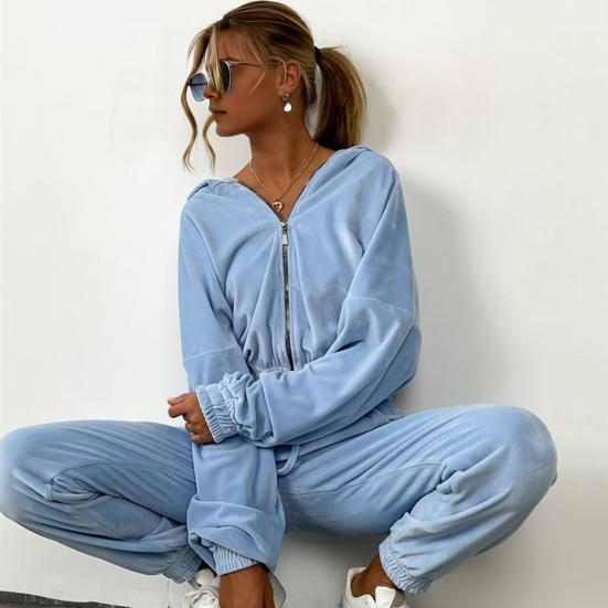 2 Pcs/Set Women Coat Pants Suit Hooded Zip-up Long Sleeve Short Top Elastic Hem And Waist Ankle-banded Pockets Trousers Winter Daily Wear Tracksuit