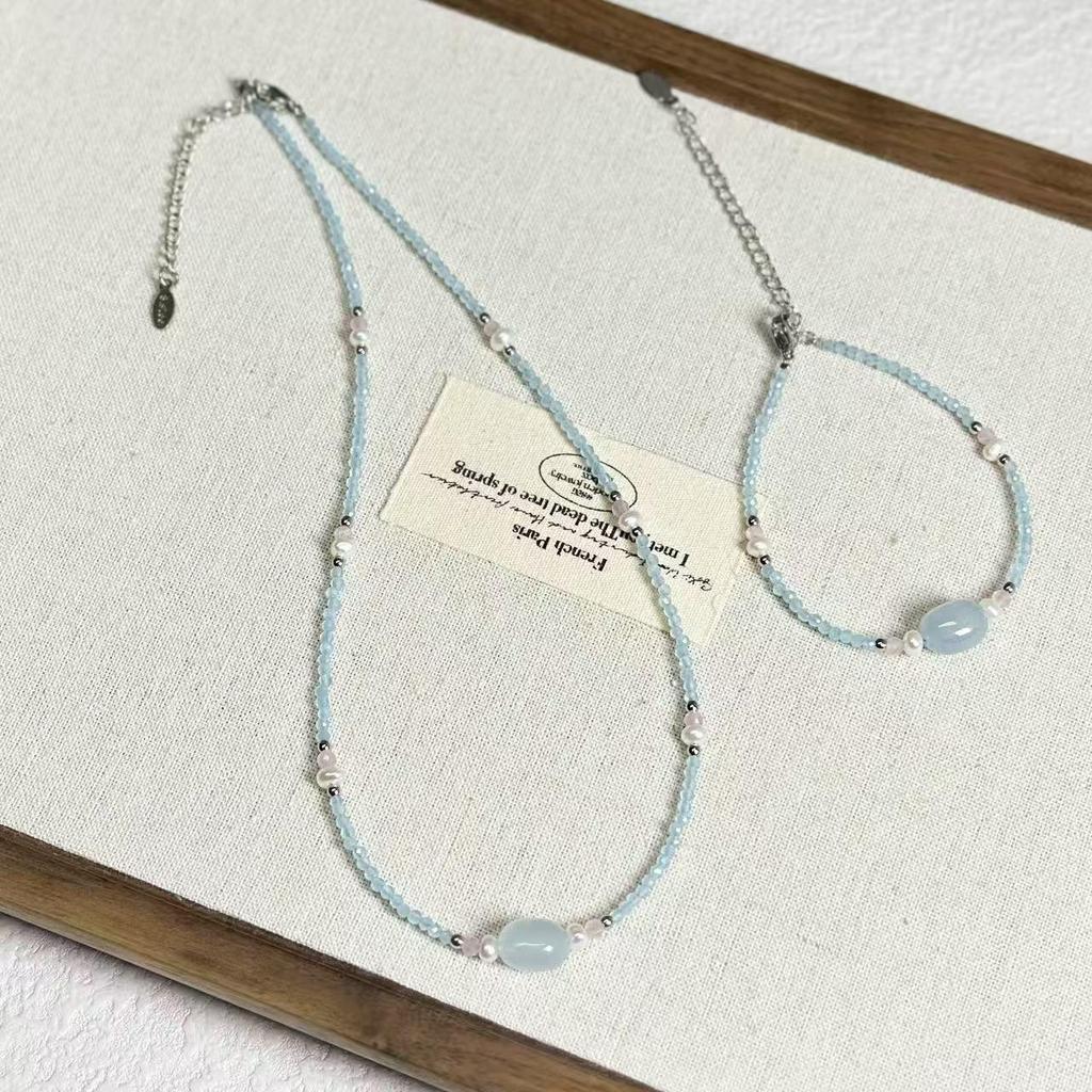 Blue Cat's Eye Freshwater Pearl Necklace - Women's Light Luxury Beaded Clavicle Chain