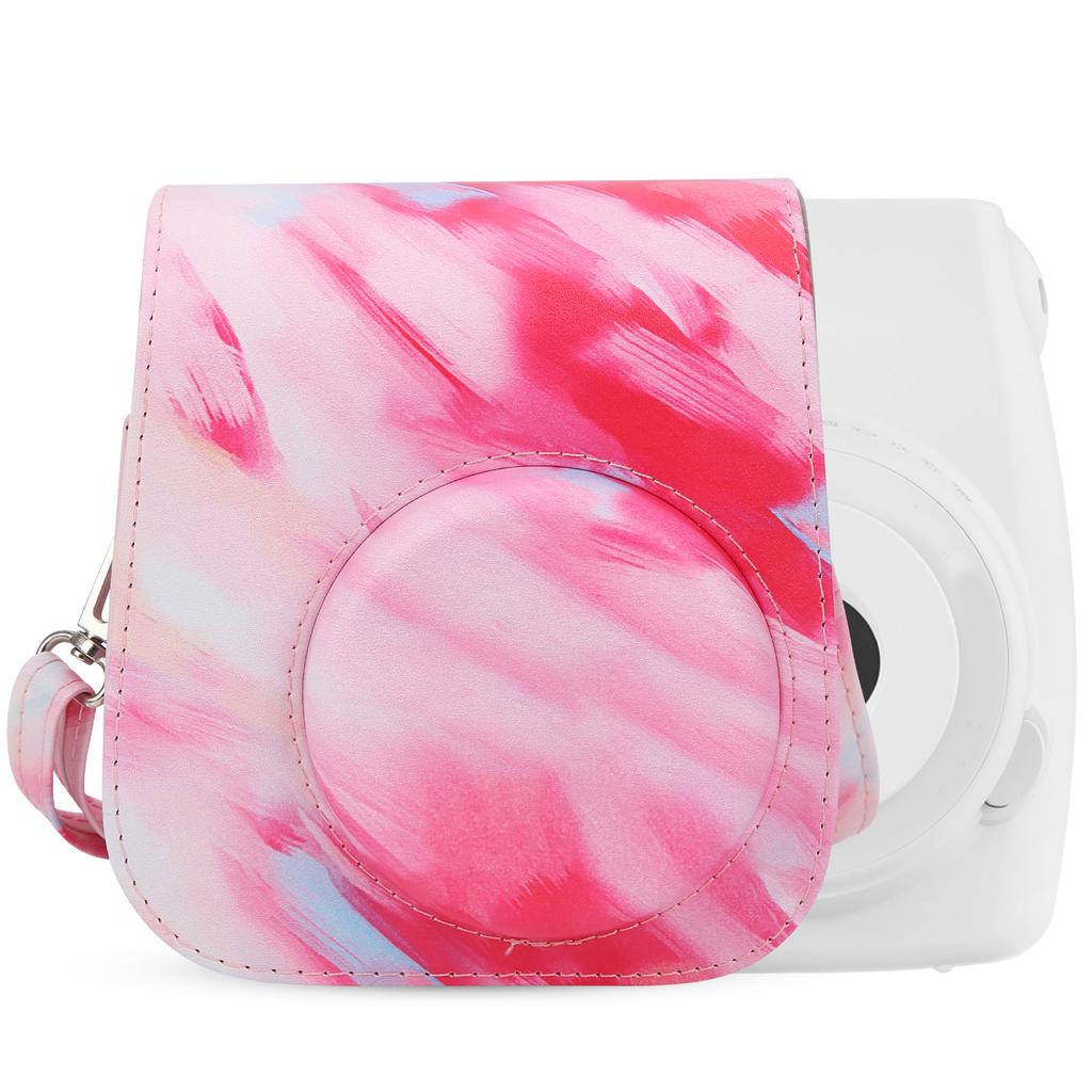 Pink Stripe Pattern PU Leather Camera Protective Case Shoulder Strap Camera Bag Fit for Fujifilm mini 11 9