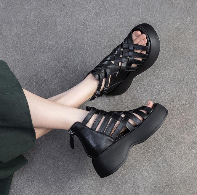 Fashion High Quality 6CM Weave Genuine Leather Fashion Ankle Booties Peep Toe Summer Sandals Mary Jane Platform Wedge ZIP Women Shoes