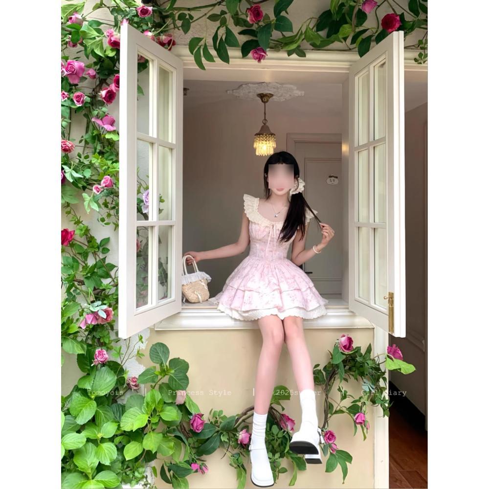 Красивая юбка-пачка принцессы, зауженная талия, милые маленькие рукава-крылышки, нежный цветочный темперамент, короткая юбка с завышенной талией для девочки