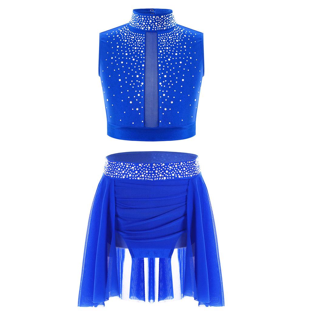 Girls Mock Neck Sleeveless Keyhole Back Rhinestones Crop Top Ruched Irregular Skirt