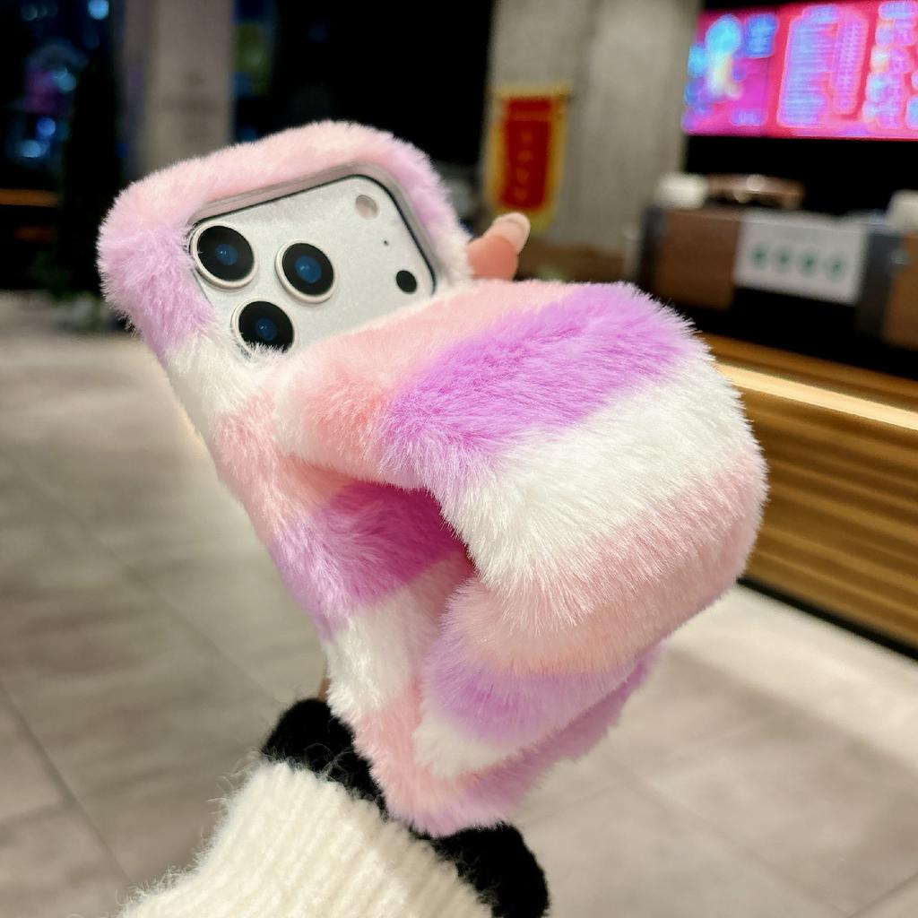 For iPhone 17 Pro Rainbow Fluffy Phone Case Winter Warm Hand Strap TPU Cover