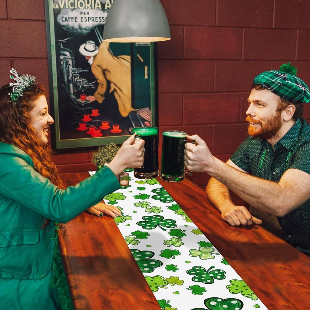 72 x 13 Inch St. Patrick's Day Table Runner Decorations, Linen Green Shamrock and Polka Dot Clover Pattern Table Runner for Irish Celebration, Home,