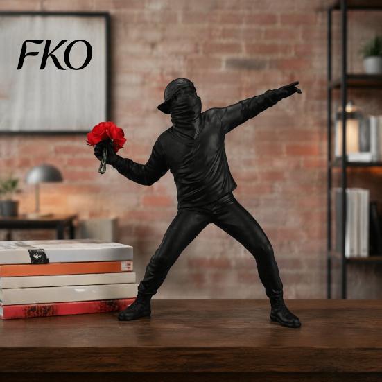 Creative Flower Throwing Boy Figurine Resin Statue Ornament, Modern Abstract Sculptures, Artistic Minimalist Home Decor Sculpture for Living