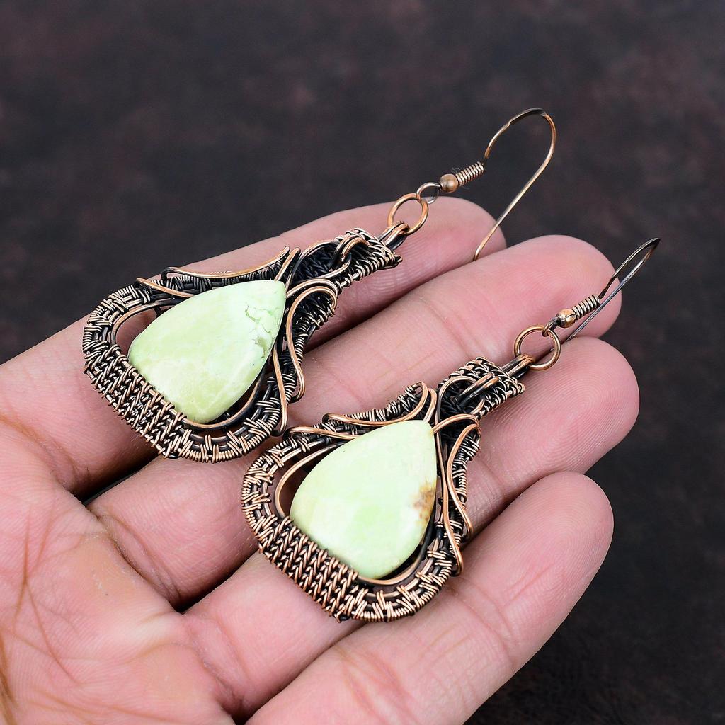 Серьги из лимонного хризопраза, медная проволока, драгоценные камни, ювелирные изделия, серьги ручной работы, женские ювелирные изделия, медная серьга для подарка, серьги, обернутые проволокой
