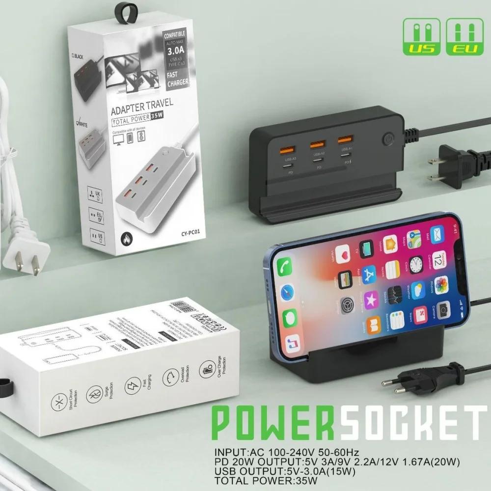 USB Type C телефон зарядное гнездо 35 Вт 6 портов быстрая зарядка настольный удлинитель с держателем телефона для iPhone Samsung Xiaomi Huawei