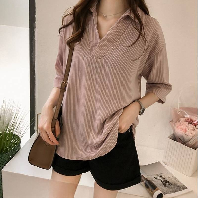 Striped Loose Fit Shirt For Women With Polyester Fabric Summer Casual Wear