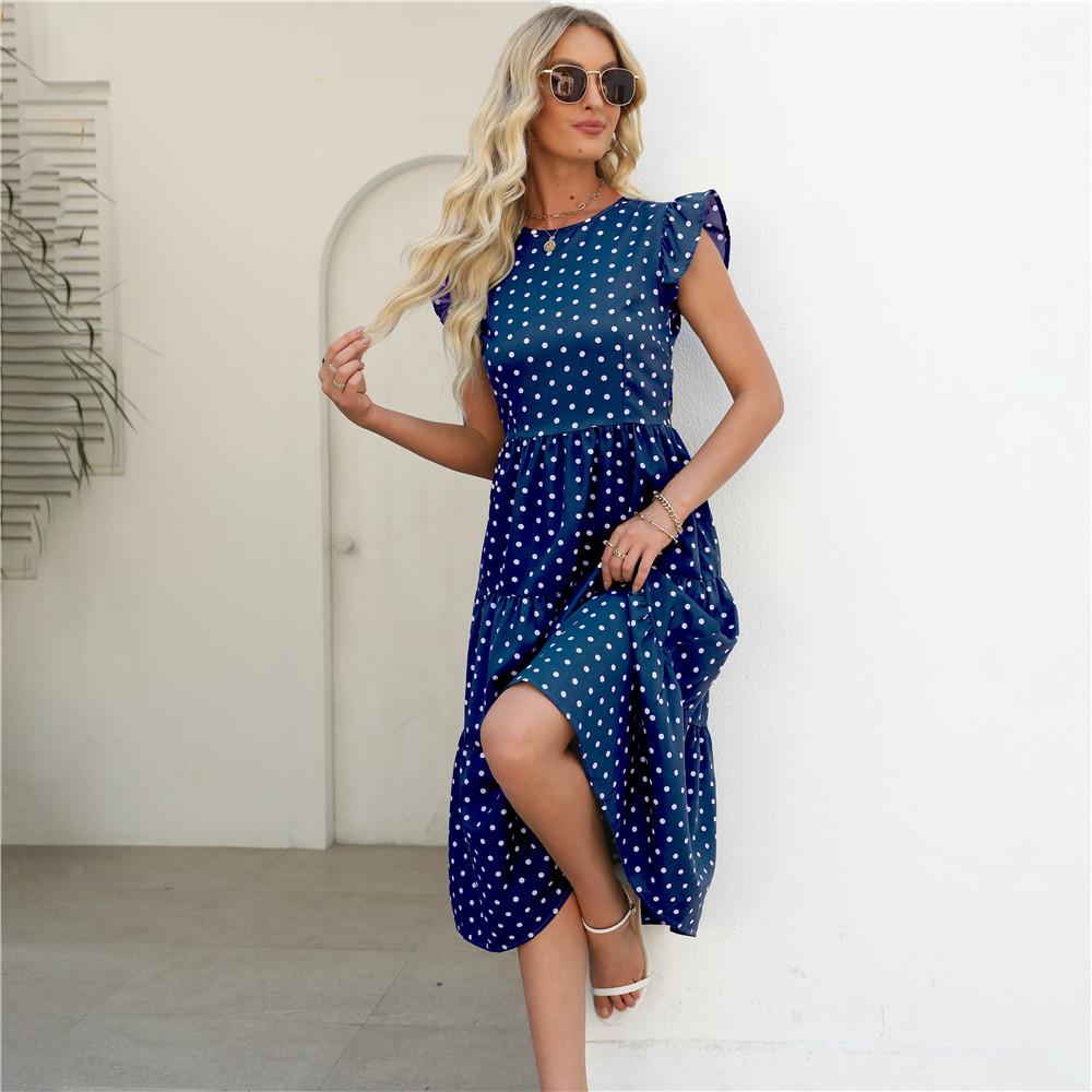 Polka Dot Print Summer Women Long Dress Round Neck Ruffled Sleeveless