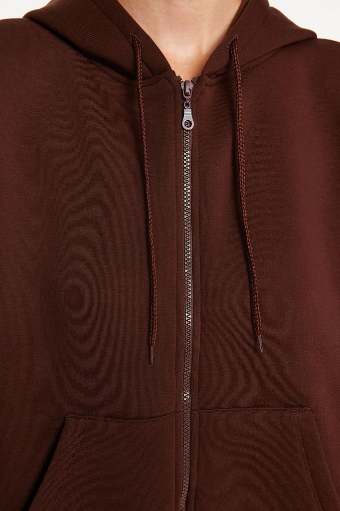 Women's Fashionable Stylish Sweatshirt Stone Oversize Comfortable Cut Basic Hooded Zippered Thick Inside Fleece Knitted Sweatshirt