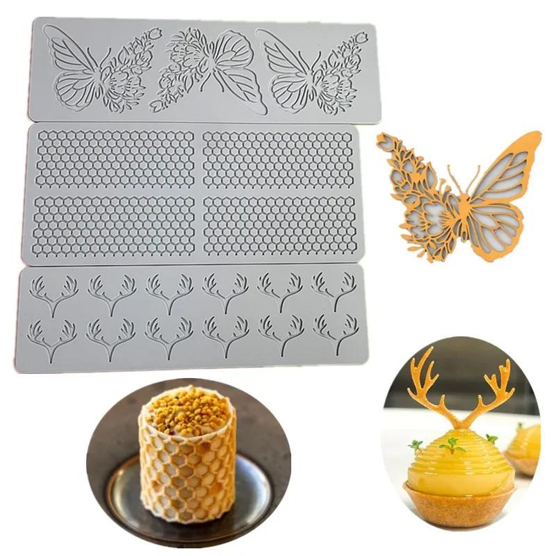 Выдолбленные соты-бабочки, сахарная переворачивающаяся кружевная подкладка, своими руками, оленьи рога, шоколад, тонкая хрустящая форма для украшения торта, силиконовая форма для выпечки