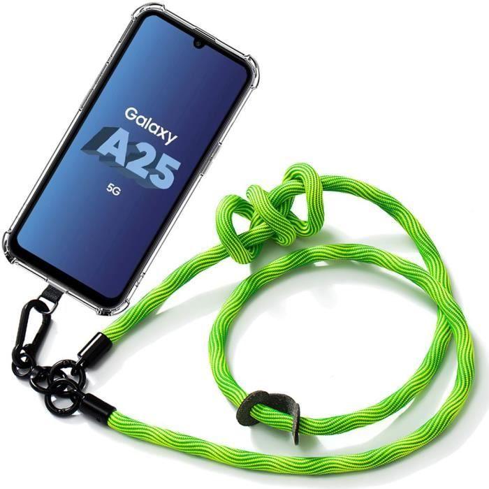Coque - BOOLING - pour Samsung Galaxy A25 5G - Silicone Transparent - Cordon Amovible - Vert Fluo