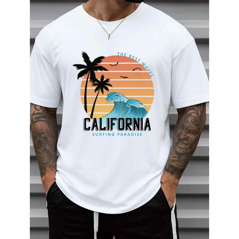 Европейские размеры Мужская футболка с принтом California Surf City Белая с коротким рукавом с круглым вырезом Повседневная футболка для серфинга с дизайном локации Калифорнии