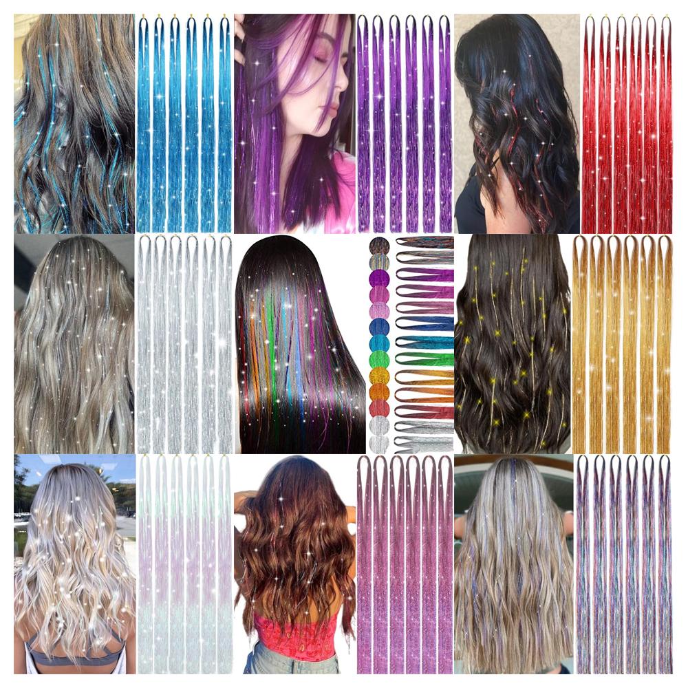93/120cm Sparkle Synthetics Hair Extensions Tinsel Rainbow Colored Strands Girls Headwear Hairbinge Hair Laser False Decor