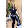 Women Striped Tracksuit 2 Piece Outfit V Neck Short Sleeve Top Wide Leg Pants Set Casual Loose Sport Suit Middle Age Mom Daily Wear