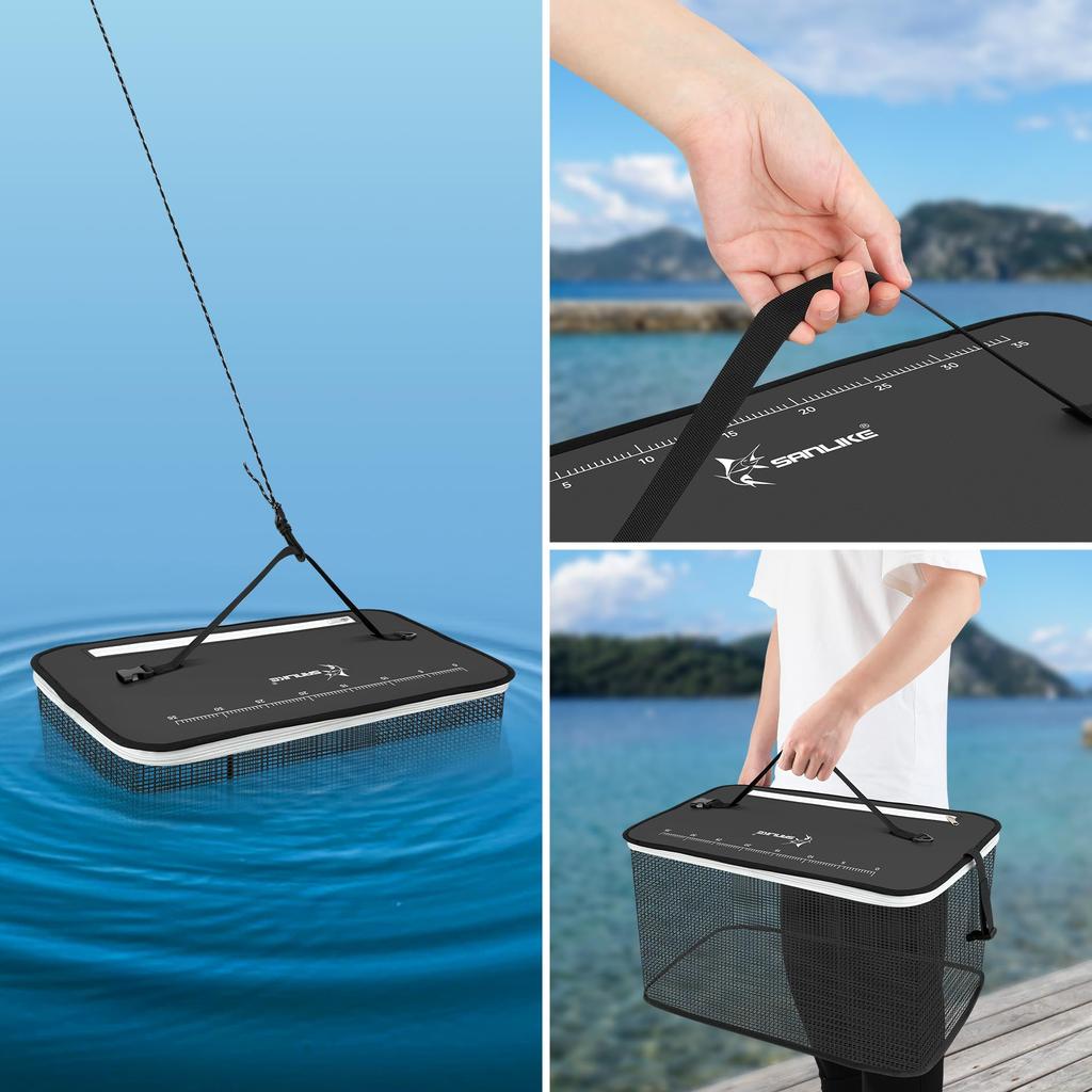 SANLIKE Floating Scaly Fishing Net with Scale, Folding Fishing Net, Fishing Tackle, and Fishing Case/Bucket (Gray, [S] 40*25*24cm) (Black, S)
