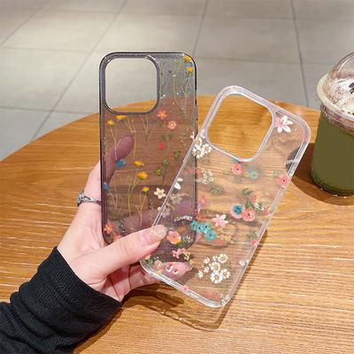 Для Iphone 15 14 13 Pro Max 12 11 Силиконовый противоударный блестящий чехол с цветочным принтом, мягкий чехол для телефона с прозрачным принтом