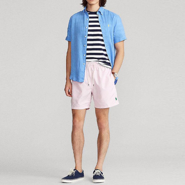 Polo Ralph Lauren классическая однотонная удобная льняная рубашка с коротким рукавом мужские рубашки синего цвета MNPOWOV1N820290-430