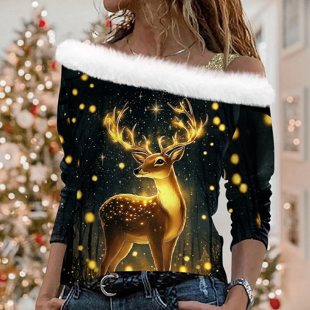 Женские топы с длинными рукавами. Модные женские свободные пуловеры с открытыми плечами с рождественским принтом.