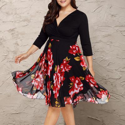 Платье больших размеров с глубоким V-образным вырезом, А-силуэтом, двухслойным подолом и рукавами средней длины, с цветочным принтом, платье миди, вечернее платье для выпускного вечера