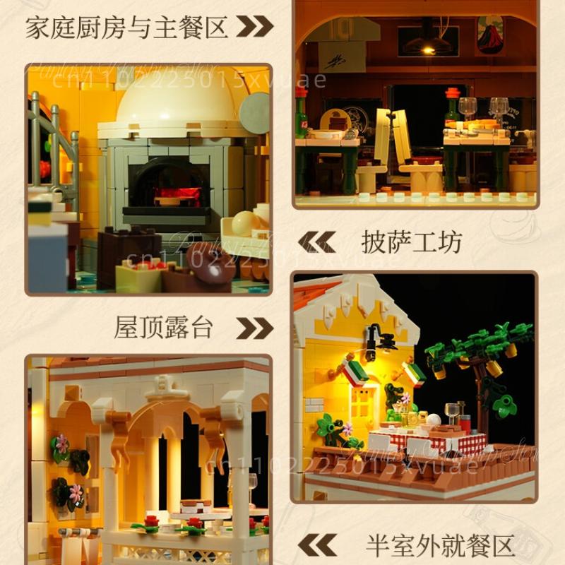 Small Town Series Italian Family Restaurant Building Block House City Street View Assembly Model Toys Full Print Decoration Gift