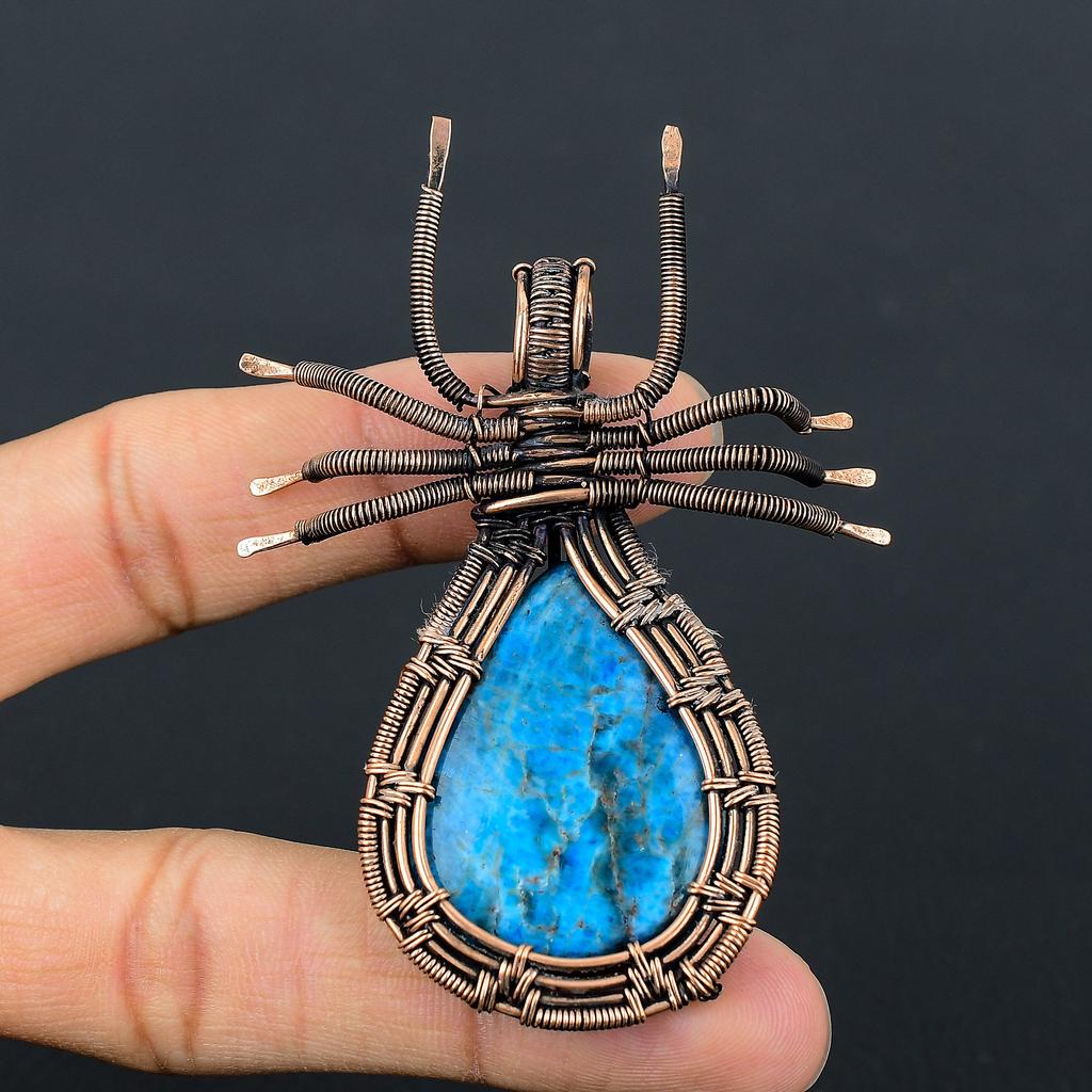 Natural Chrysocola Gemstone Copper Wire Wrap Spider Pendant Gift 2.83" B3d50