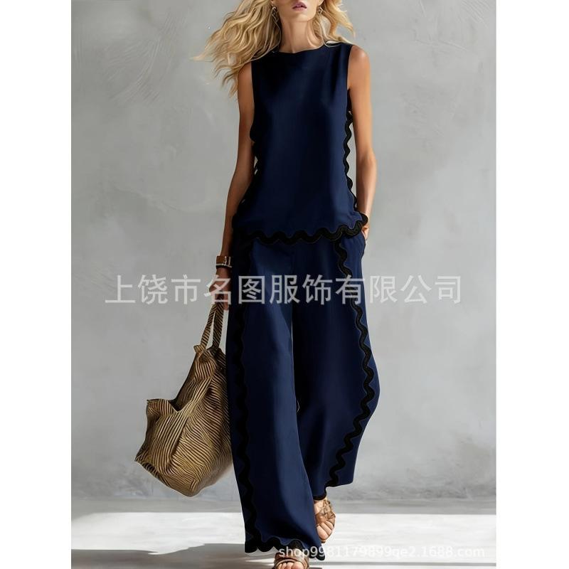 European, American Bohemian fashion contrasting colors 1D digital printing printing retro casual top set