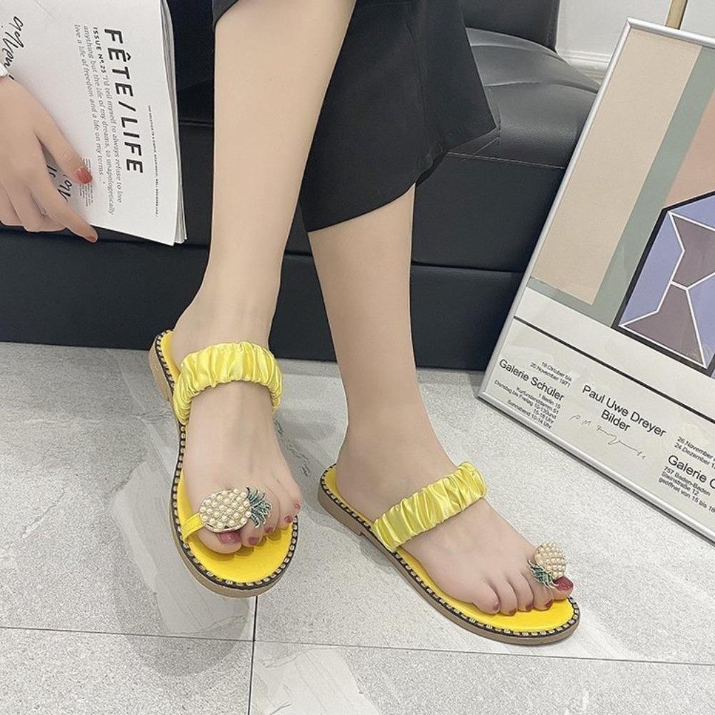 Мода 2025 Нескользящие тапочки Ананасовое кружево Пляжная обувь ГОРЯЧИЕ Сандалии большого размера Женские сандалии с пальцем Сандалии с водными стразами на плоской подошве