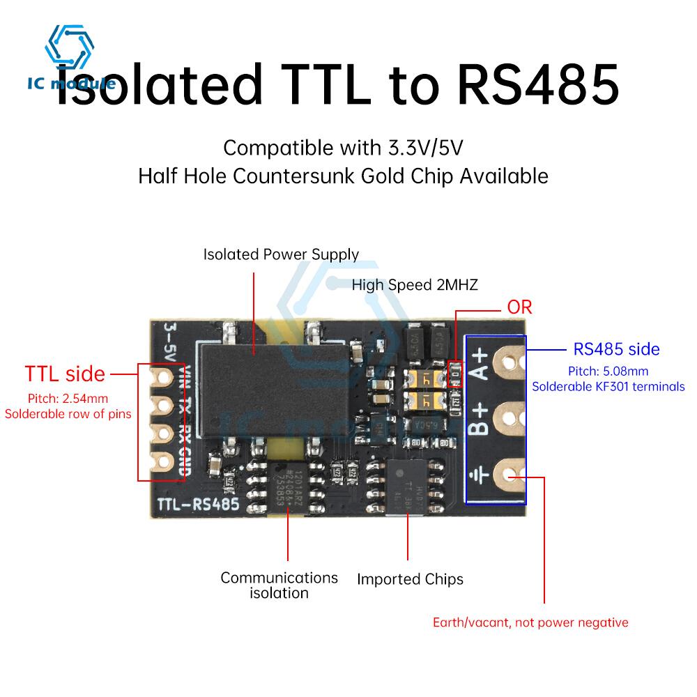 DC 3.3V/5V Lsolated TTL to RS485 Level Module Serial Port Auto Commutation High-speed Communication Rate Up to 2Mbps