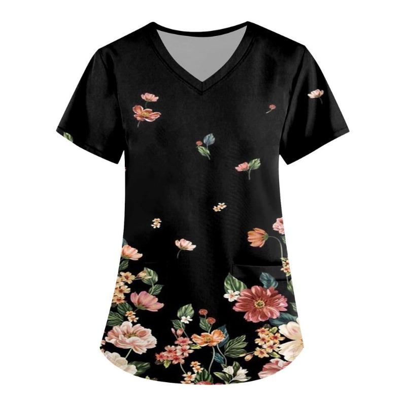 Plus Size Flower Printed Scrub Working Uniform Tops for Women Cross V-Neck Short Sleeve Fun T-Shirts Workwear Tee with Pockets