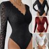 Women Bodysuit Flower Embroidery Lace Elastic Deep V Neck See-through Long Sleeve Solid Color Slim Fit Soft Breathable Spring Playsuit