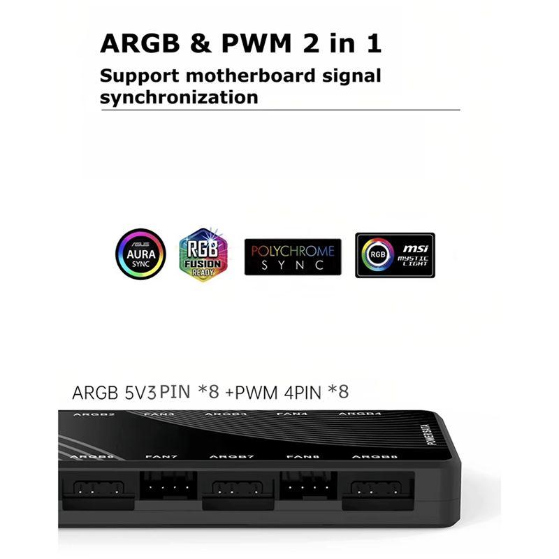 A84X-Контроллер подсветки вентилятора корпуса 2-в-1 PWM + ARGB Хаб Двойной Восьмиканальный Разветвитель 8-портовый Хаб