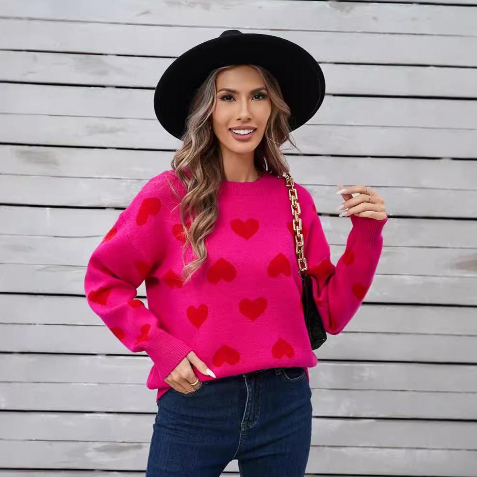 Зимний женский свитер Love Valentine's Day Pullover Large Peach Heart Color Clash Sweater