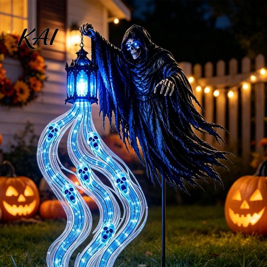 Halloween Party Supplies Grim Reaper Garden Stake Light, Battery Powered Outdoor Spooky Waterfall Glow Lights Pathway Lamp with Lantern for Lawn Path