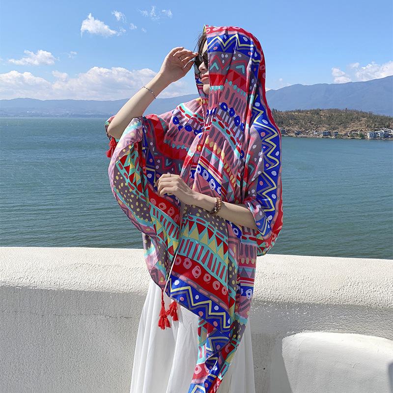 Summer cotton and linen feel scarf travel silk scarf sun protection air conditioner large shawl women's beach towel ethnic style scarf