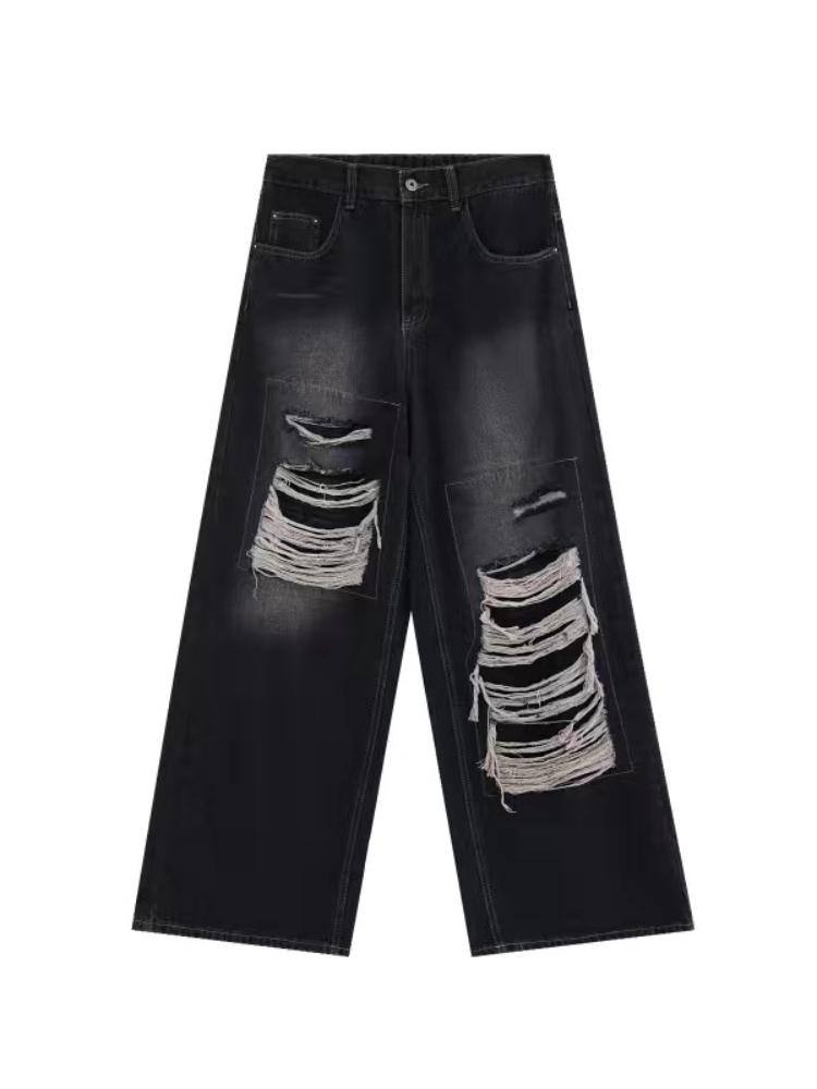 Готические черные джинсы с высокой талией, винтажные женские корейские модные уличные рваные брюки Y2k, женские повседневные широкие джинсовые брюки в стиле Харадзюку