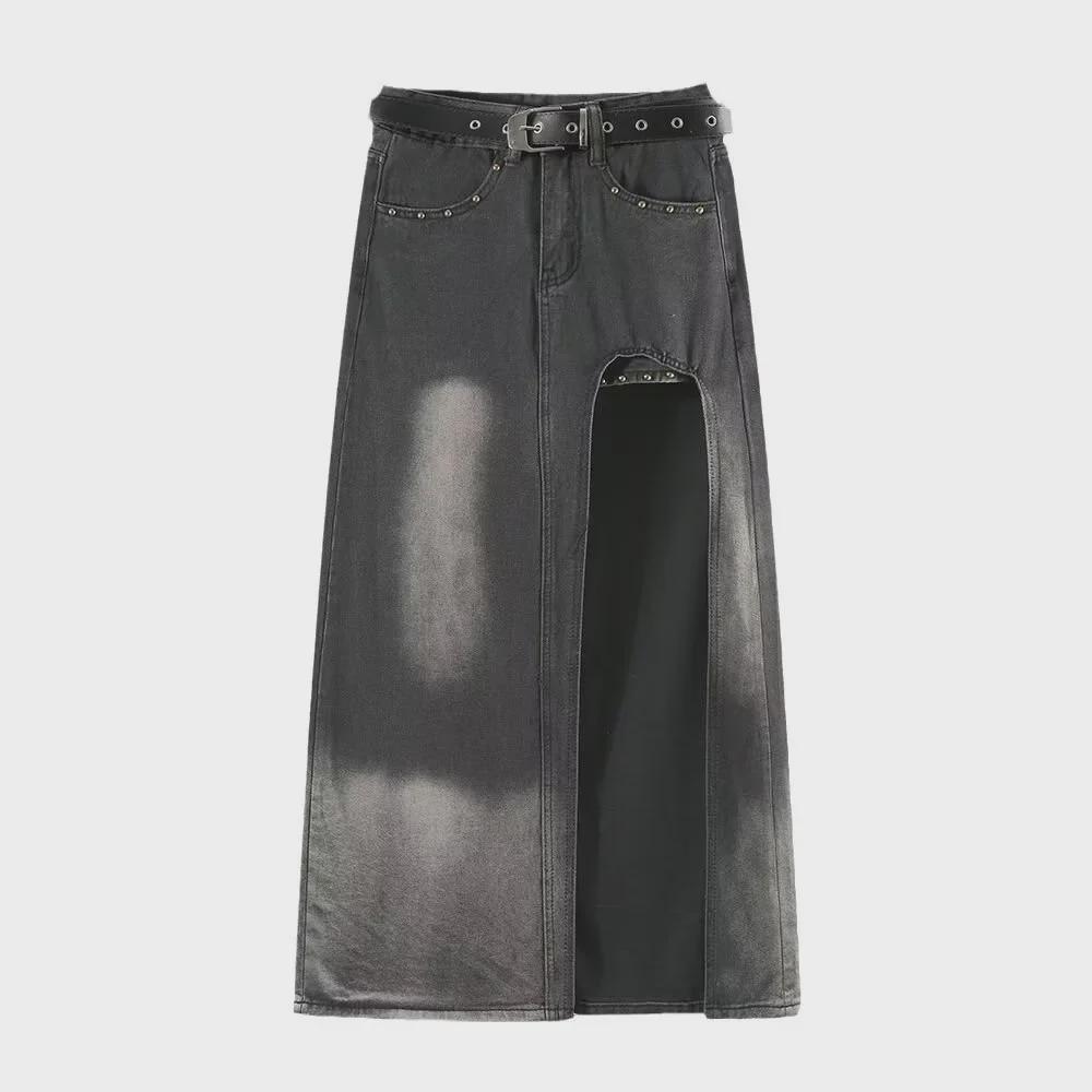 Юбка из денима в стиле ретро с высокой талией и большим разрезом — облегающая и непрозрачная для женщин