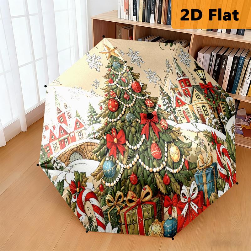 Christmas Village Festive Scene Tree Presents Folding Umbrella Umbrella 8 Paraphenoid Bones Printing Travel Sun Umbrella
