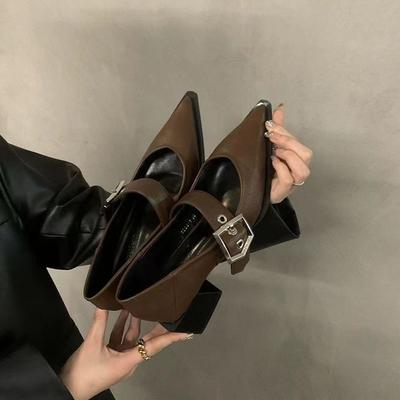 Одинарная обувь новая весна и осень остроносые высокие каблуки толстый каблук Мэри Джейн французский ретро маленькие кожаные туфли одинарная обувь женская обувь