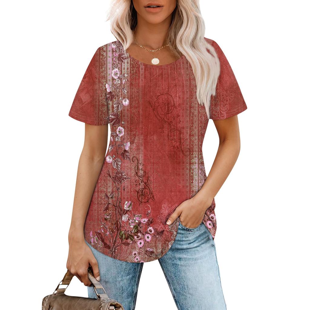 Women's Fashionable Casual Pleated Round Neck  Printed Short Sleeved T-shirt Top