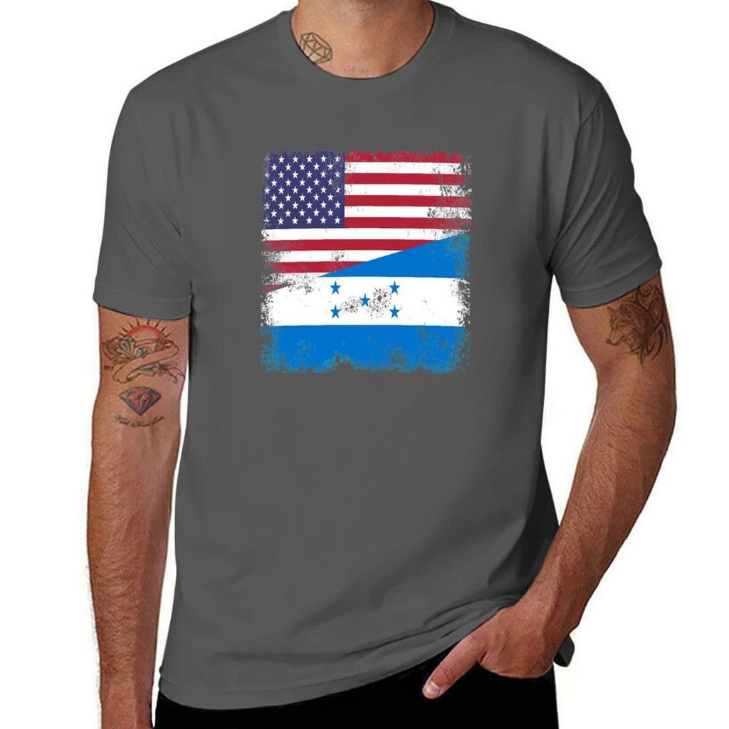Half Honduran Flag Design Vintage Honduras USA Gift T-Shirt Plus Size Workout Short Sleeve Top