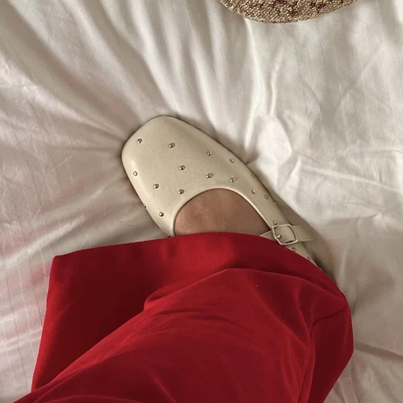Leather Korean Version of Rivet Square Head with Mary Jane Shoes Women's 2025 Spring Versatile Flat Bottom Light Mouth Red Single Shoes