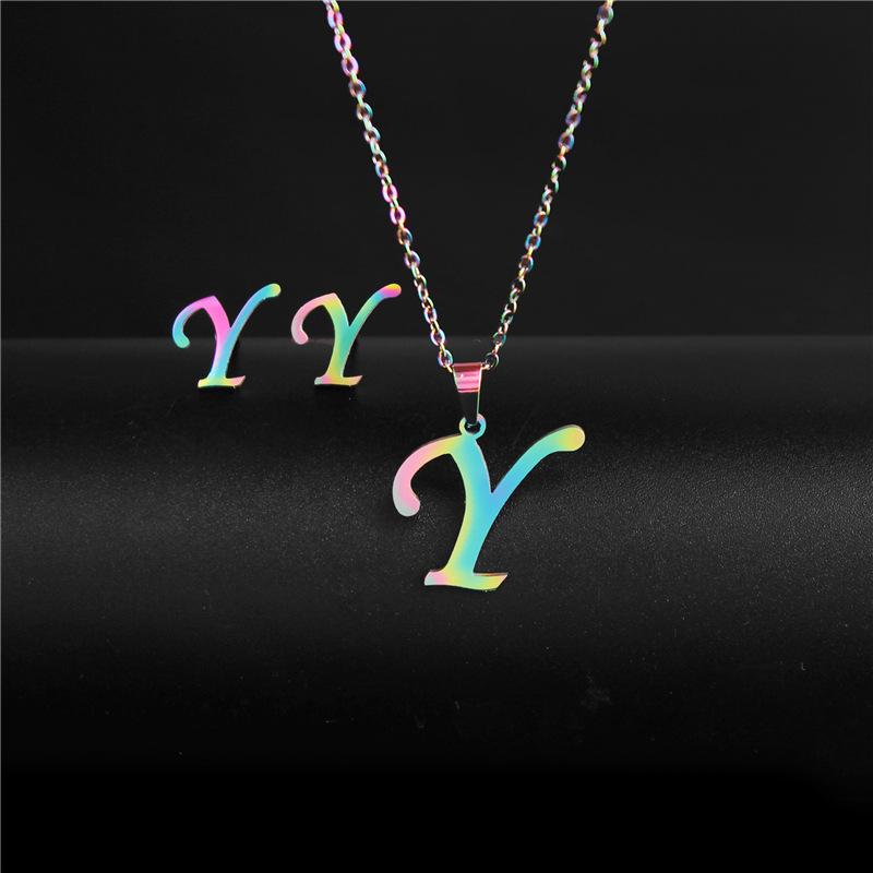 RUI RUI YU 26 Letter Colorful Stainless Steel Jewelry Sets for Women Men Alphabet Initial Chain Pendant Necklace Earrings Kids Gift