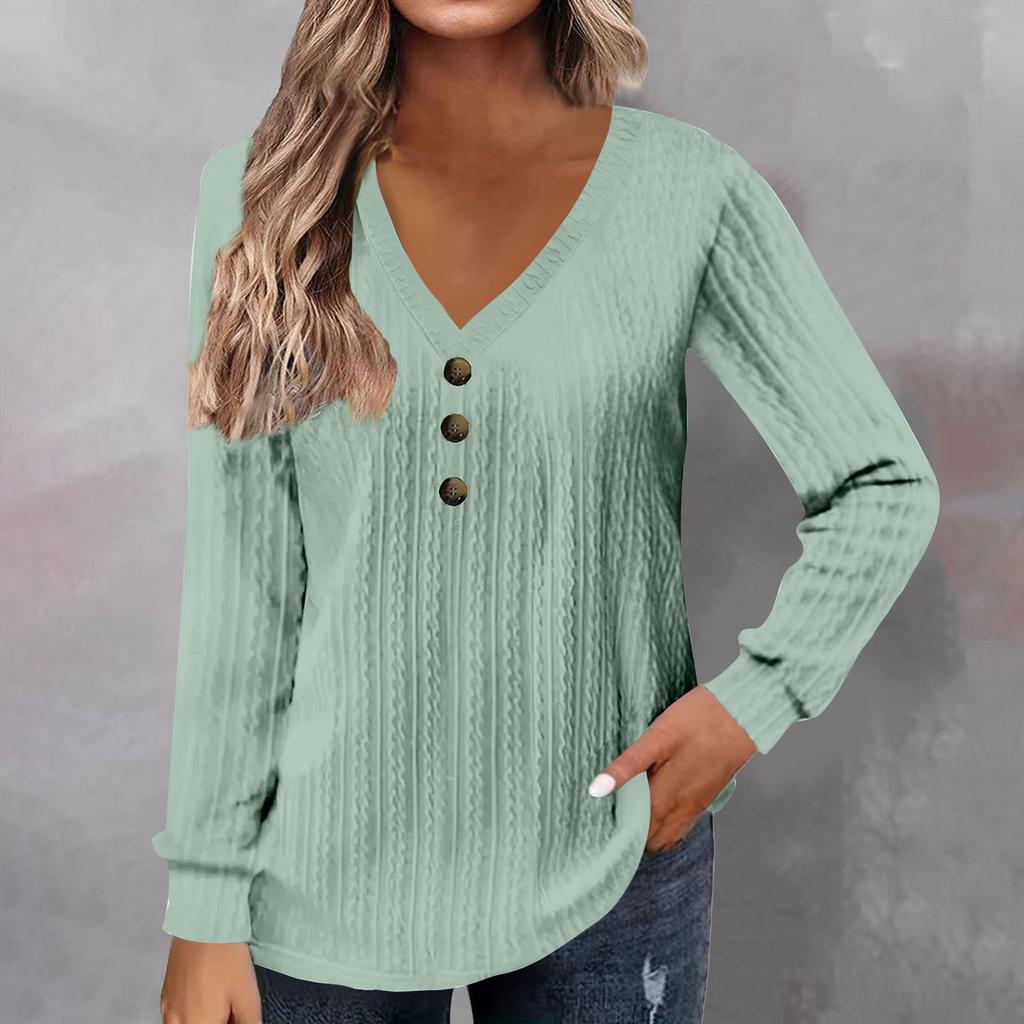 Women's Fashion Long Sleeve Solid Colour V-Neck Button T-Shirt Printed Casual Top