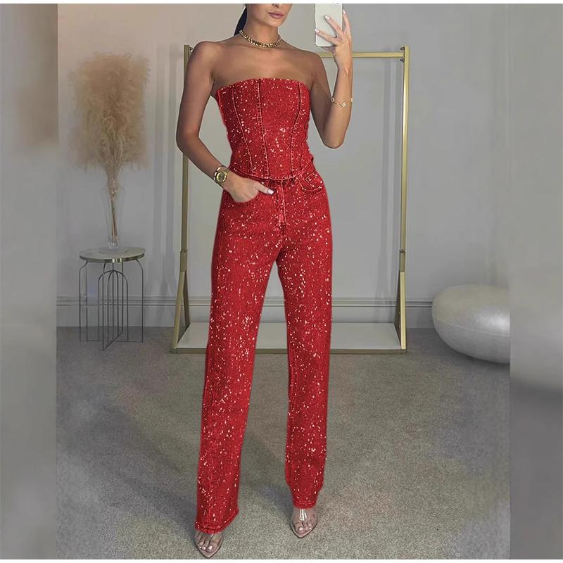 2025 Sexy Off-The-Shoulder Sparkling Vest Diamond Decorated Straight Leg Pants Suit Two-Piece Set Women's Spring Fashion Party Suits