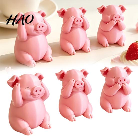 Adorable Animal Figurine for Home Decor 3 Pcs Cute Mini Pig Figurines, 3D Printed See Hear Speak No Evil Kawaii Bedroom Pink Statue, Novelty